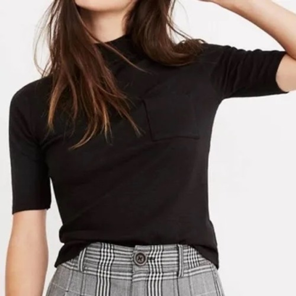 Madewell Black Mock Neck Short Sleeve Pocket Tee Ribbed Knit Top Small